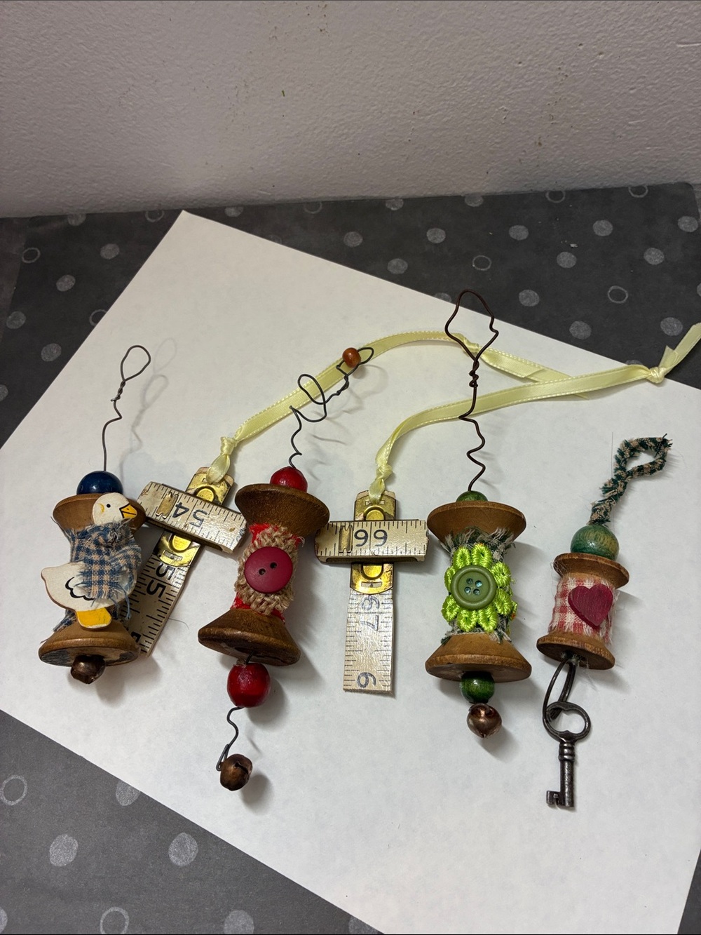 6 Rustic Spool and Ruler Hanging Ornaments- Up cycled Holiday